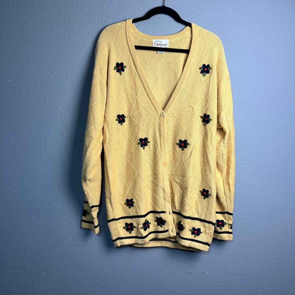 Pappagallo Yellow Diamond Knit Floral‎ Embroidered Button Up Cardigan Sweater L